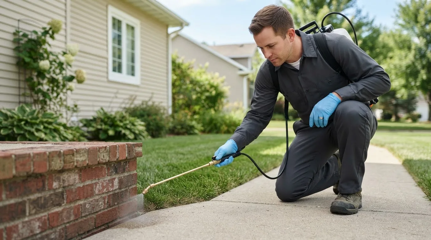Pest control technician treating a home near Franktown, VA