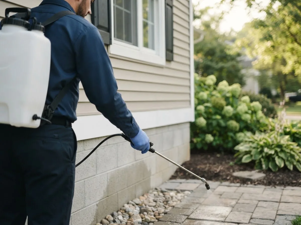 Pest control technician inspecting a home in Franktown, VA